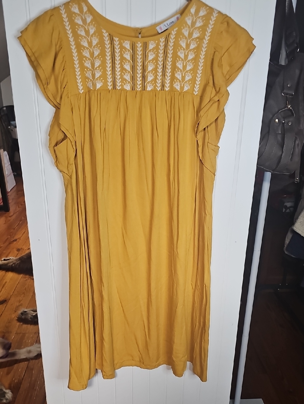 L Love Yellow Embroidered Flutter-Sleeve Midi Dress